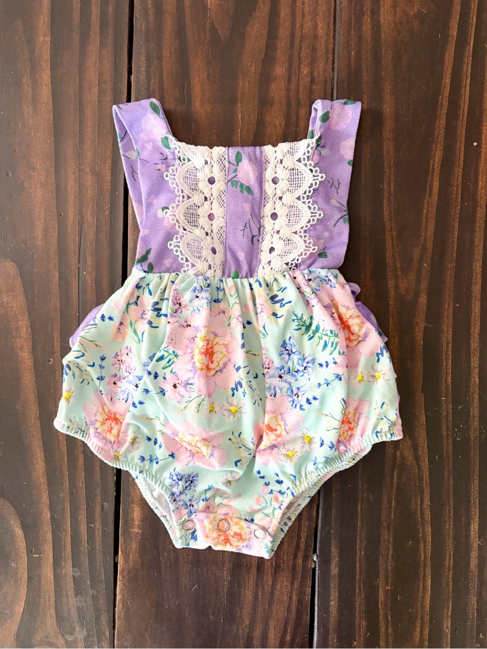 Floral Lavender & Mint Baby Romper with Lace Trim